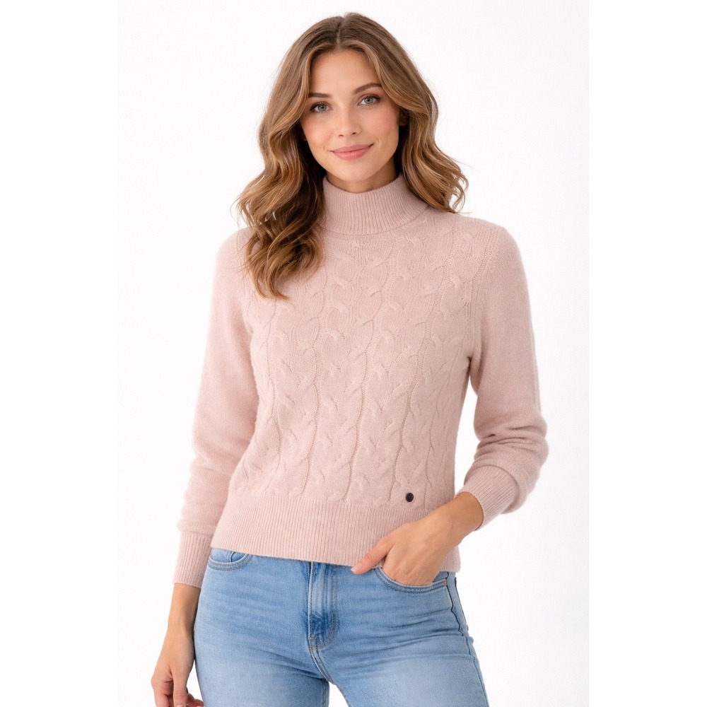 Ted Baker Veolaa Cable Knit Sweater‎ Womens XS Pastel Pink Mohair Wool Mock Neck